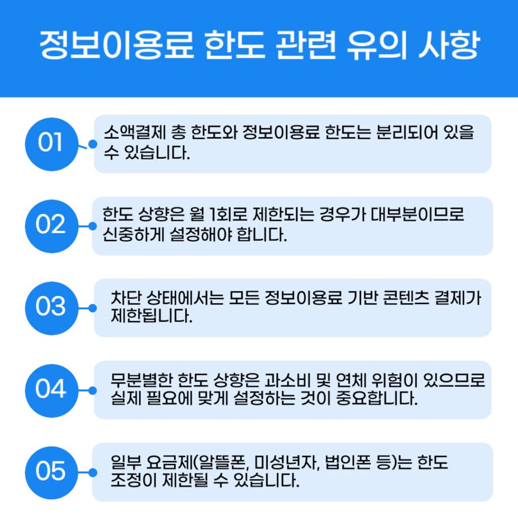 정보이용료 현금화 통신사별 한도 조회  한도 상향 차단 해제 간단 정리(SKT,KT,LG)