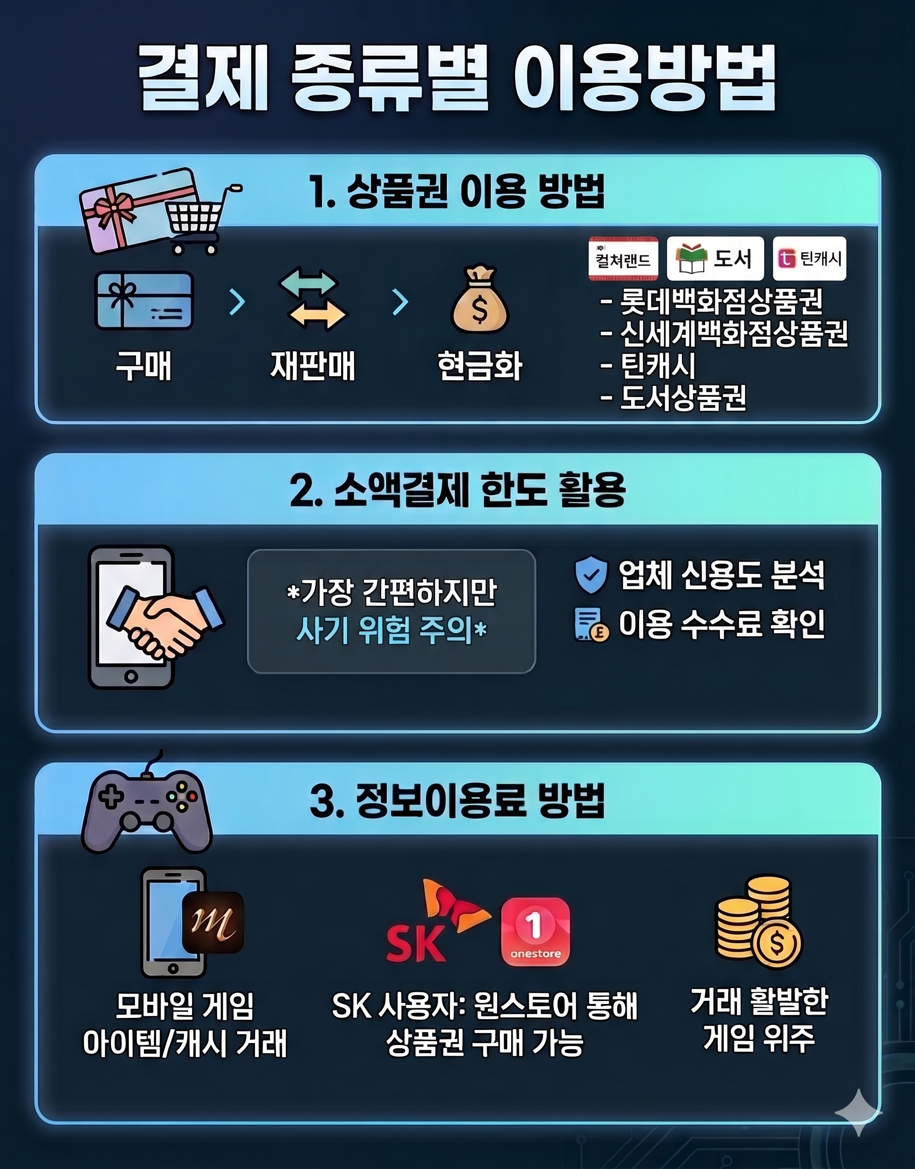 결제 종류별 이용방법 인포그래픽